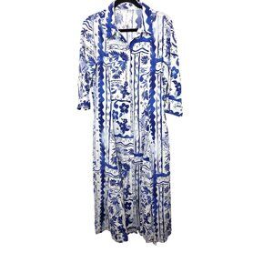 Joie Blue & White Floral Button-Down Beach Cruises Maxi Dress 3/4 Sleeves SZ L